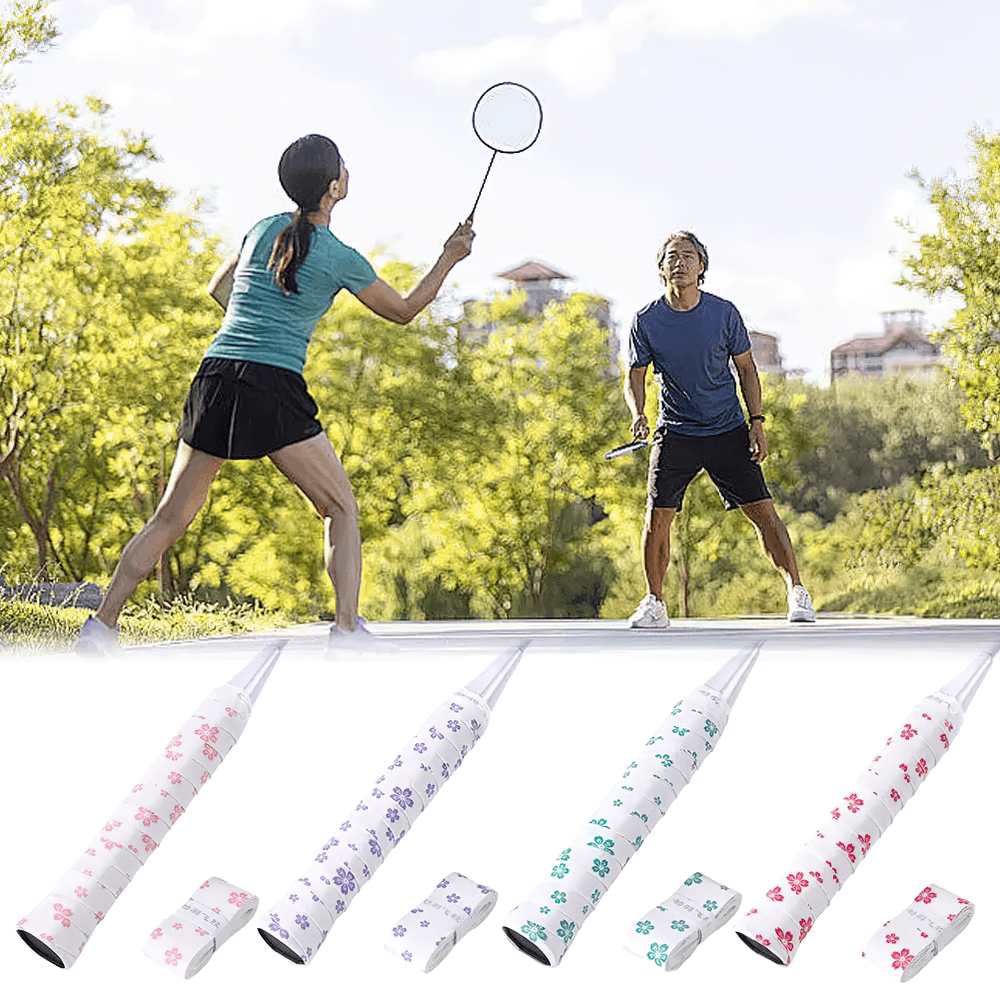 Players using Sakura Design Non-Slip Racket Tennis Tape - SF3463 with floral print grips for enhanced performance and style.
